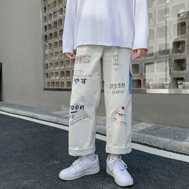 Loose wide-leg trendy graffiti overalls hip-hop pants