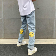 Smiley pattern street fashion casual loose jeans