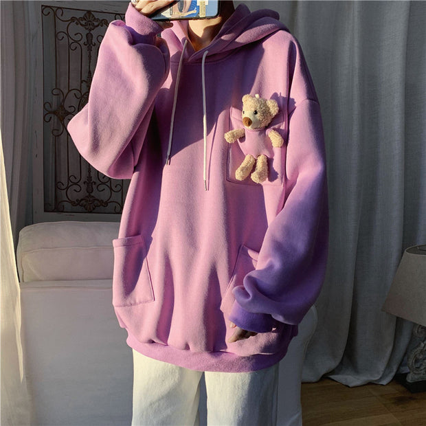 Bear decoration loose plus velvet padded hoodie