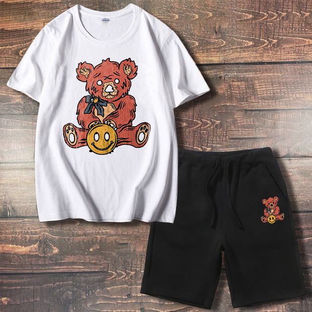 Fashion Street Bear Print Casual Loose Shorts Short Sleeve Suit