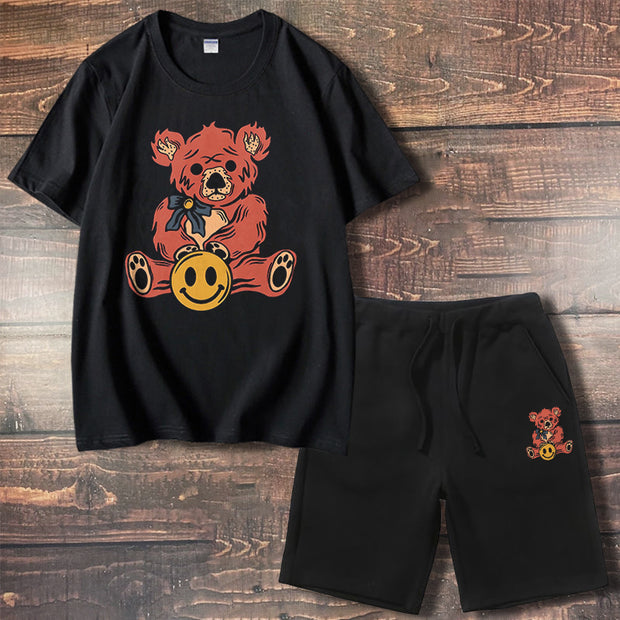 Fashion Street Bear Print Casual Loose Shorts Short Sleeve Suit