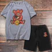 Fashion Street Bear Print Casual Loose Shorts Short Sleeve Suit