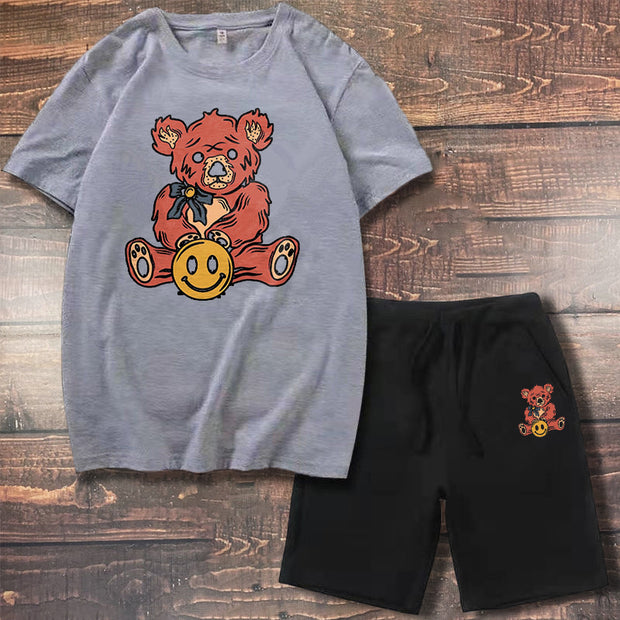 Fashion Street Bear Print Casual Loose Shorts Short Sleeve Suit