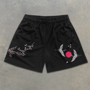 Sakura and Crane Graphic Print Elastic Shorts