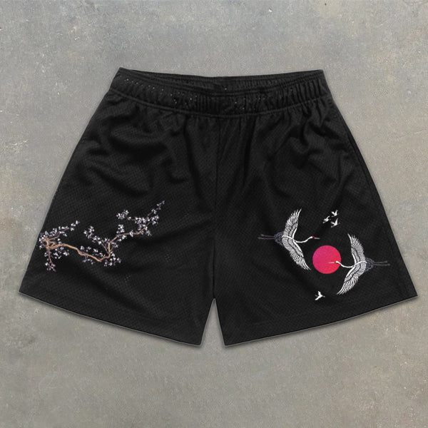 Sakura and Crane Graphic Print Elastic Shorts