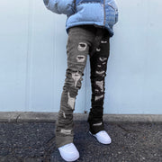 Cut Panel Jeans Distressed Washed Slight Wide Leg Pants