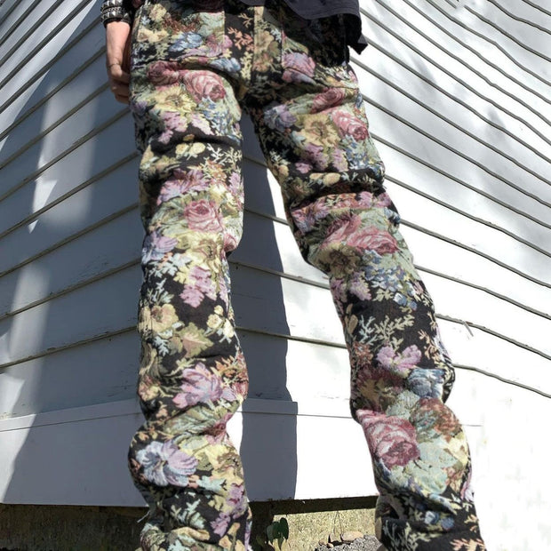 Retro flower print street style straight-leg trousers