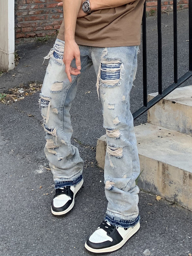 American retro old washed knife cut hole loose micro flared jeans