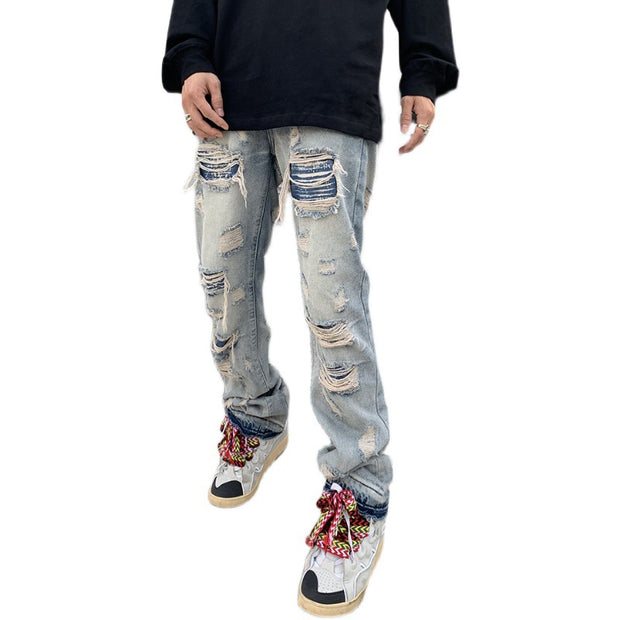 American retro old washed knife cut hole loose micro flared jeans