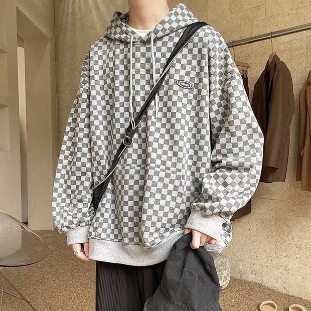 Checkerboard lattice vintage retro trend loose hooded sweater