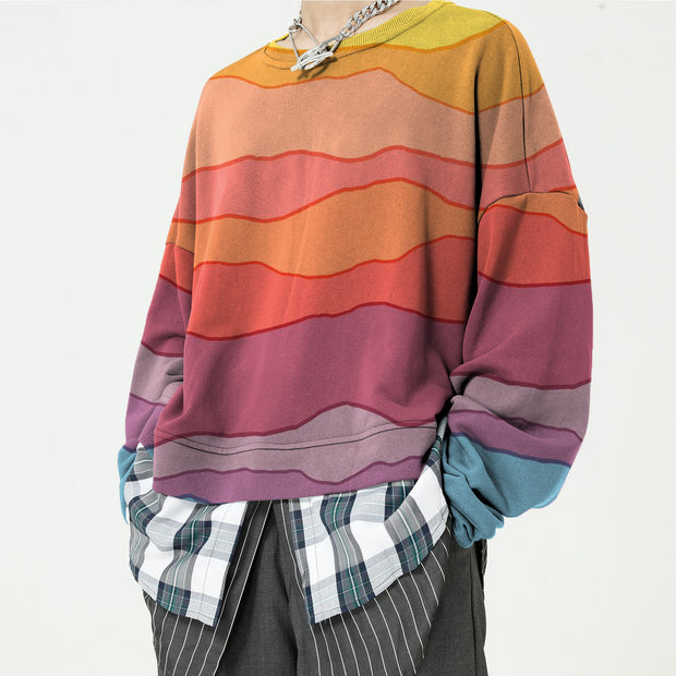 Rainbow print stitching plaid fake three-piece sweater