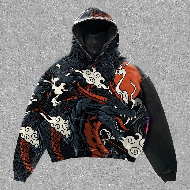 Vintage Dragon Print Long Sleeve Hoodie