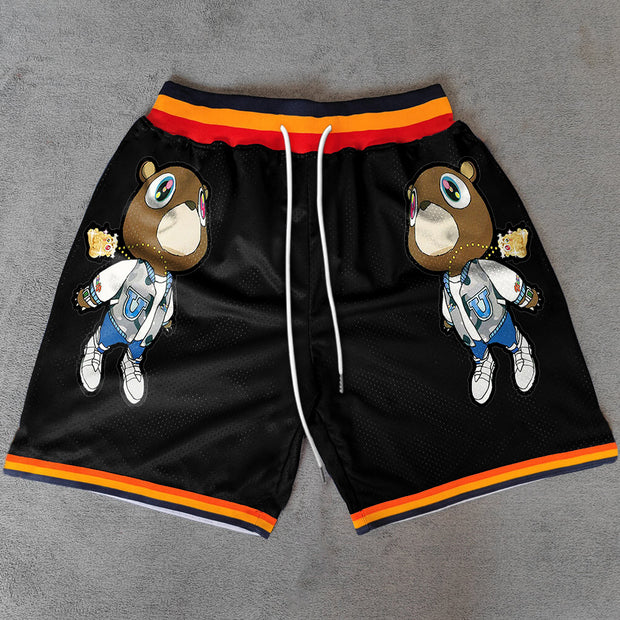 cartoon bear print street mesh shorts