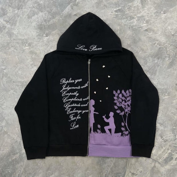Personalized street love print hooded sweatshirt jacket