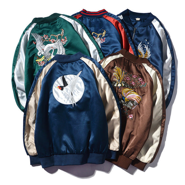Fashion Casual Crane Embroidered Stand Collar Jacket