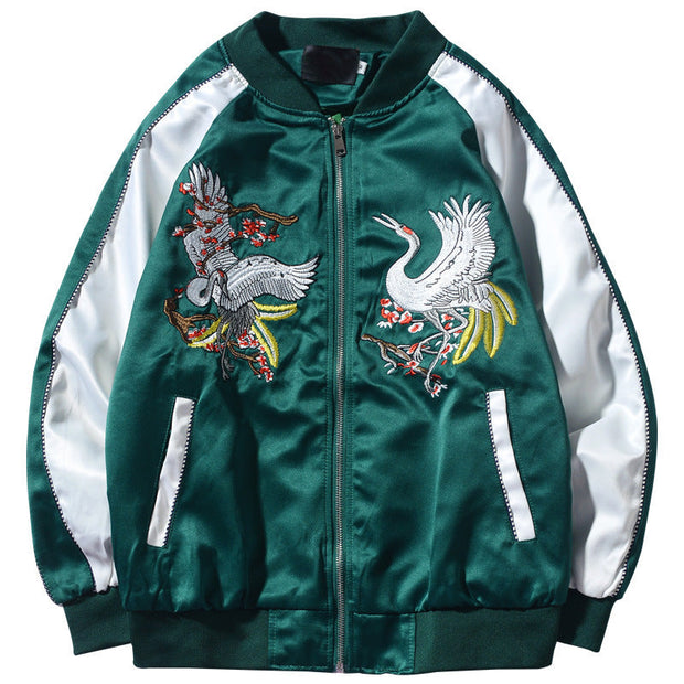 Fashion Casual Crane Embroidered Stand Collar Jacket