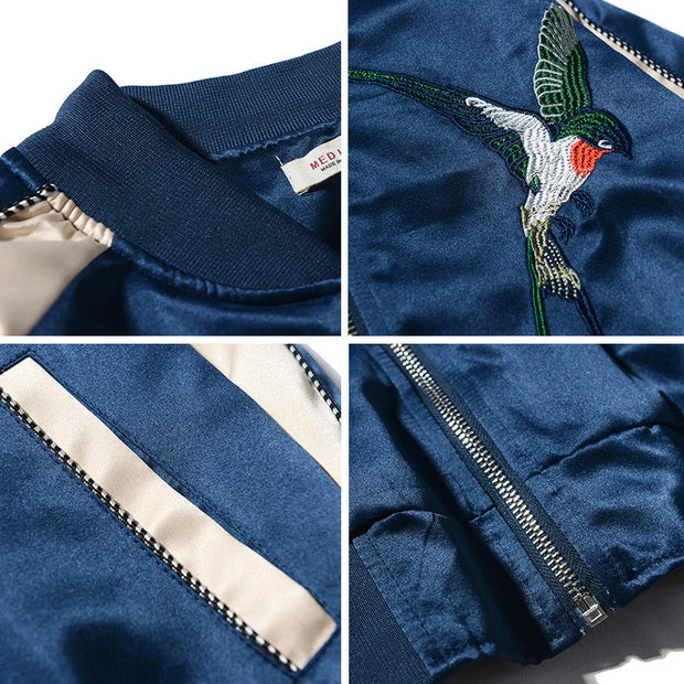 Fashion Casual Crane Embroidered Stand Collar Jacket