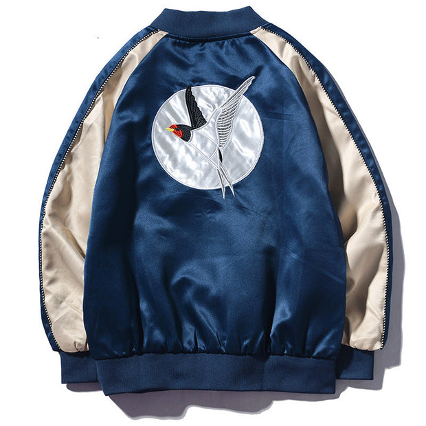 Fashion Casual Crane Embroidered Stand Collar Jacket
