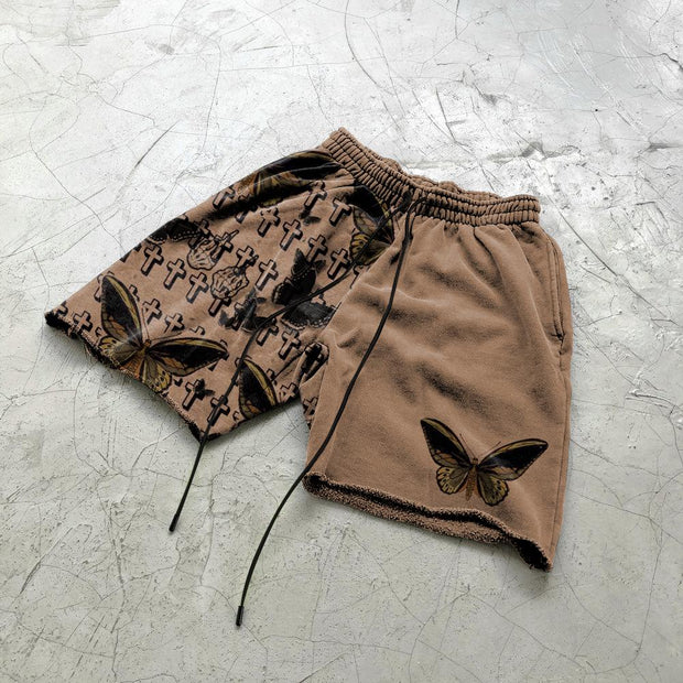 Retro print personality stitching casual shorts