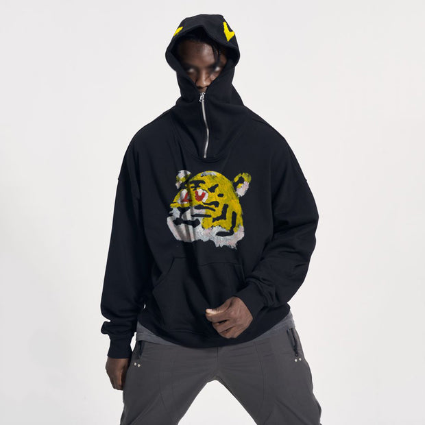 Cartoon tiger zipper pullover long sleeve street hoodie