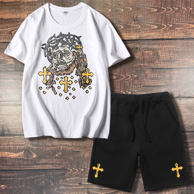 Casual Holy Jesus Graphic Cartoon Short Sleeve Shorts Set