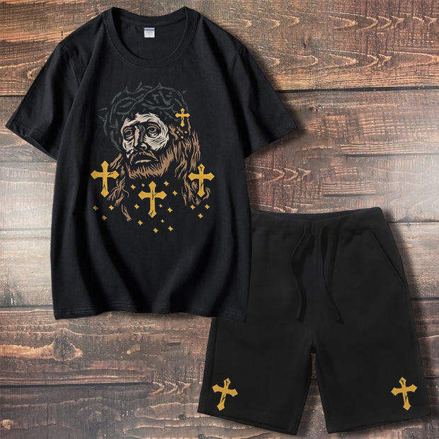 Casual Holy Jesus Graphic Cartoon Short Sleeve Shorts Set