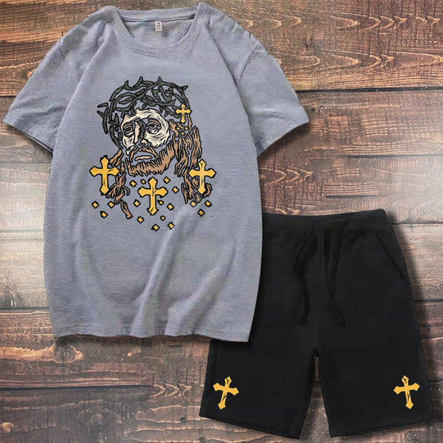 Casual Holy Jesus Graphic Cartoon Short Sleeve Shorts Set