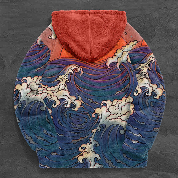 Trendy Japanese Print Plush Hoodie