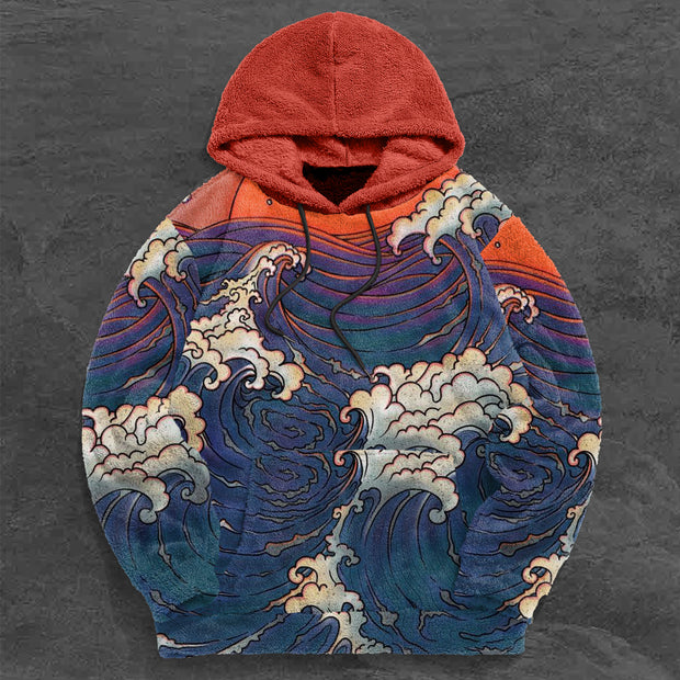 Trendy Japanese Print Plush Hoodie