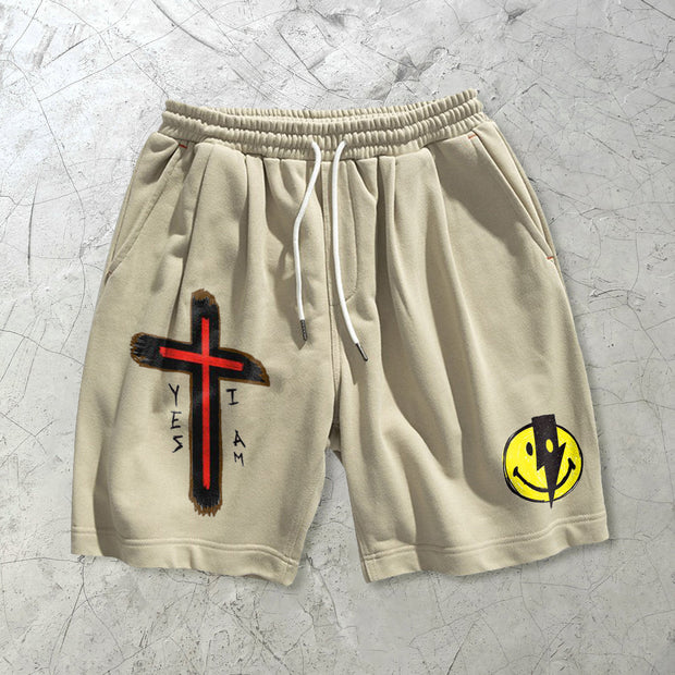 Cross-print lightning smile casual sports shorts
