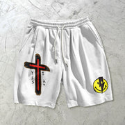 Cross-print lightning smile casual sports shorts
