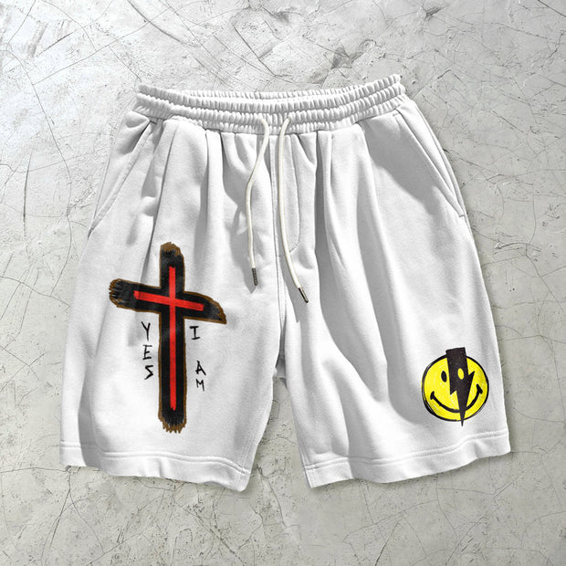 Cross-print lightning smile casual sports shorts