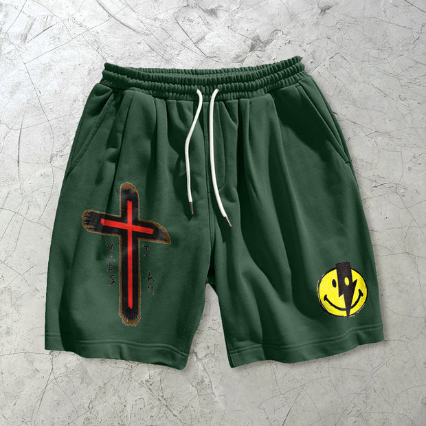 Cross-print lightning smile casual sports shorts
