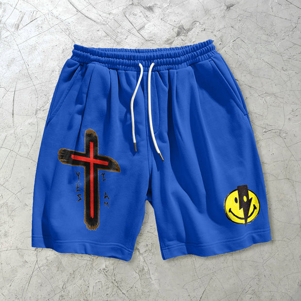 Cross-print lightning smile casual sports shorts