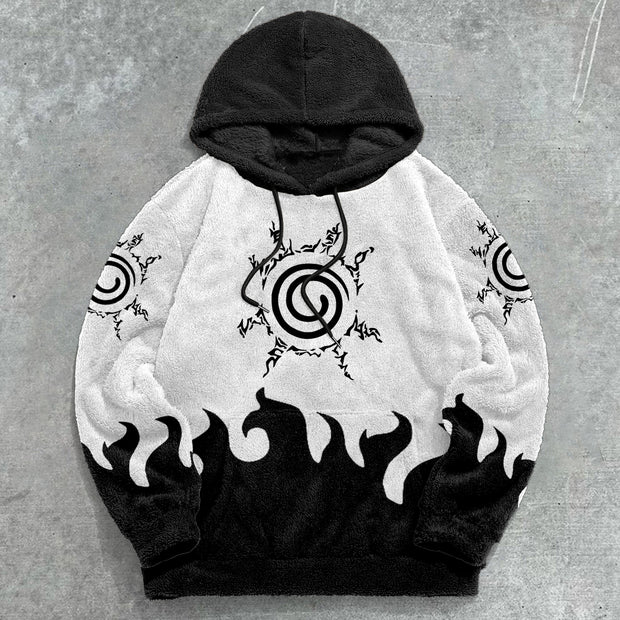 Flame Print Retro Trendy Plush Hoodies