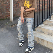 American retro old washed knife cut hole loose micro flared jeans