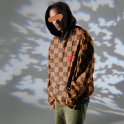 Checkerboard trend print street hip-hop stitching hoodie