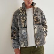 Retro cat print polar fleece jacket
