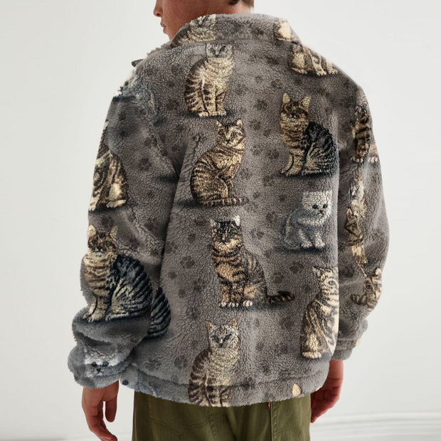 Retro cat print polar fleece jacket