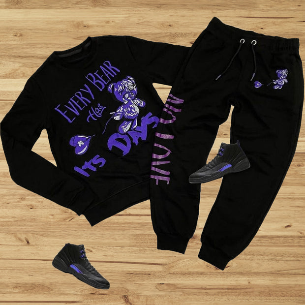 Casual bear print round neck sweater and pants suit