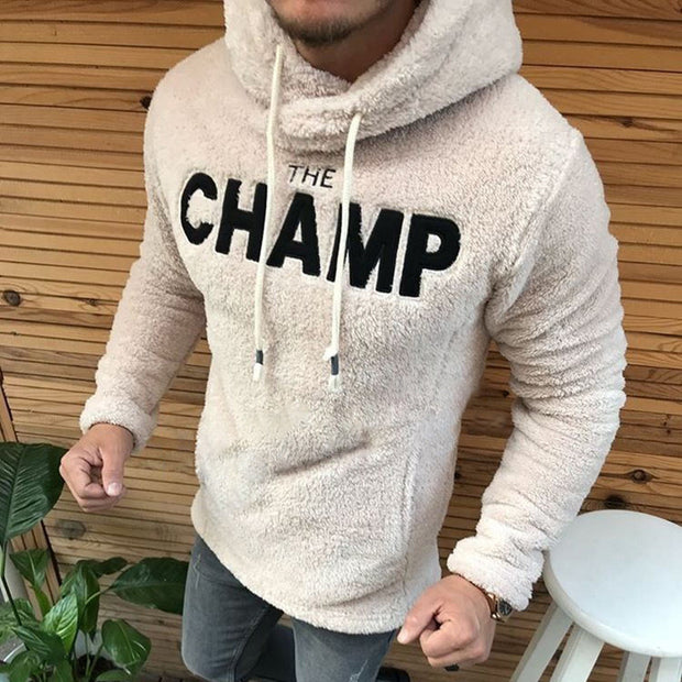 Winter men's solid color hooded long-sleeved plush sweatshirt