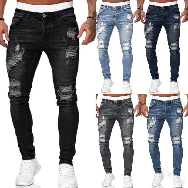 Men's ripped ripped white slim denim trousers fashion pencil pants