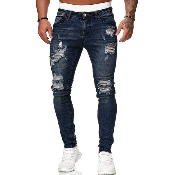 Men's ripped ripped white slim denim trousers fashion pencil pants