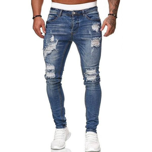 Men's ripped ripped white slim denim trousers fashion pencil pants