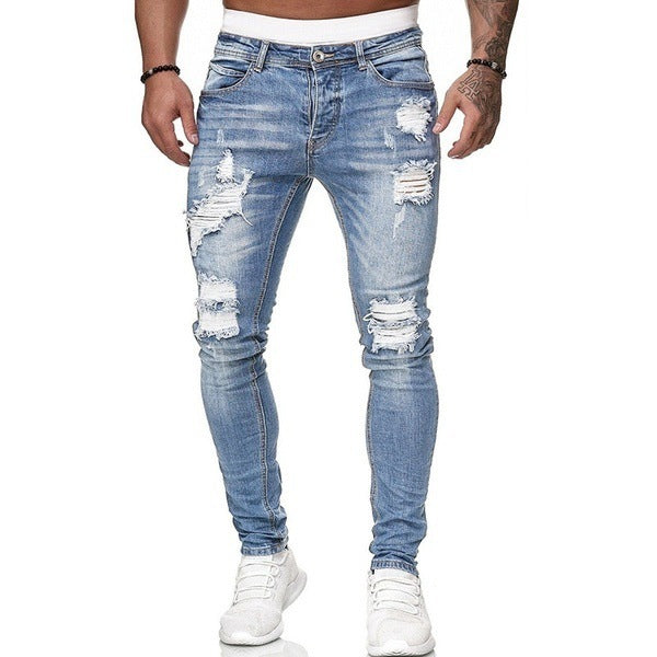 Men's ripped ripped white slim denim trousers fashion pencil pants