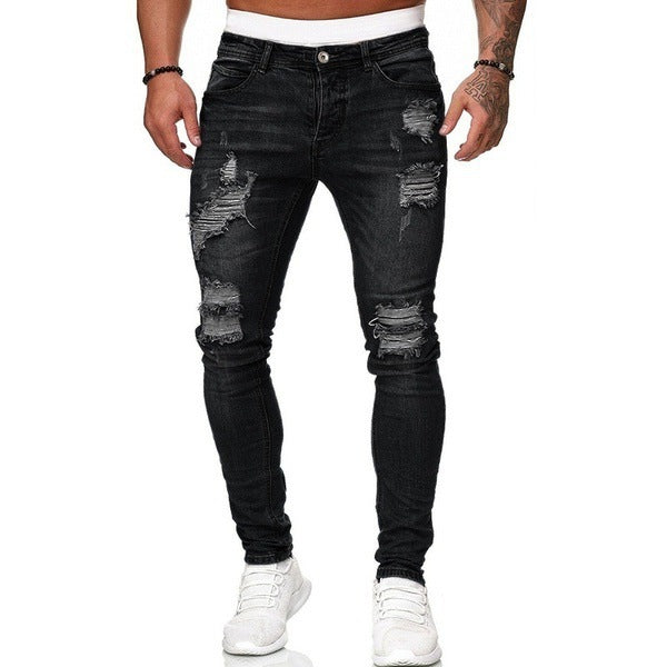 Men's ripped ripped white slim denim trousers fashion pencil pants