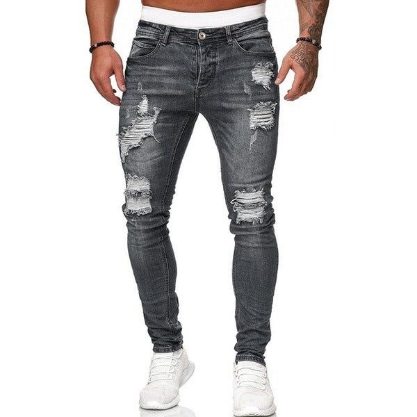 Men's ripped ripped white slim denim trousers fashion pencil pants