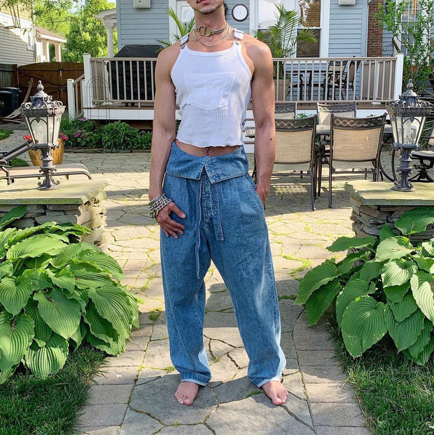 Personalized Washed Loose Pouch Waist Casual Jeans