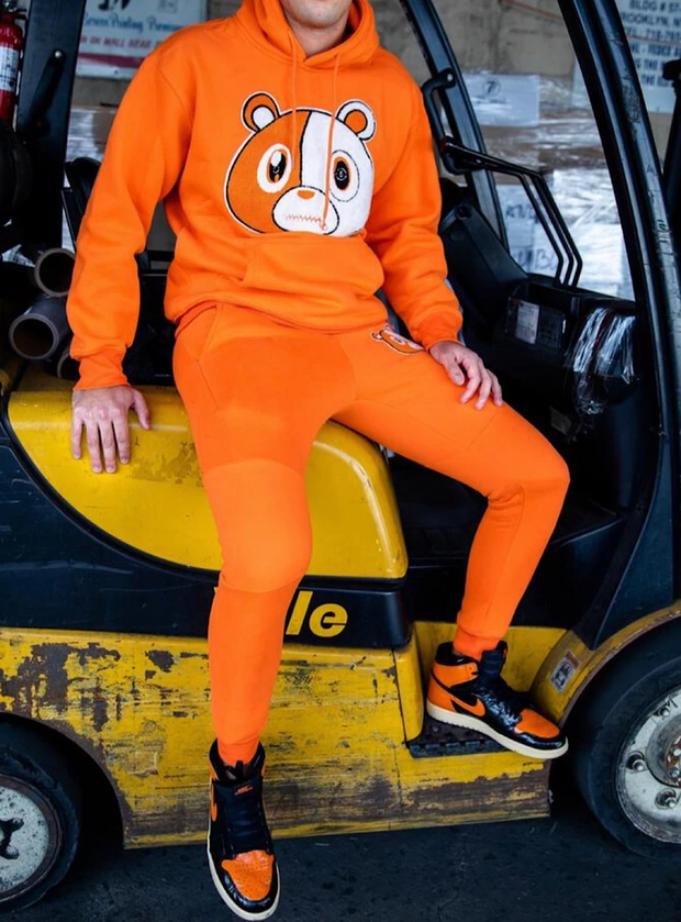 Bear print hooded sweatshirt pants suit