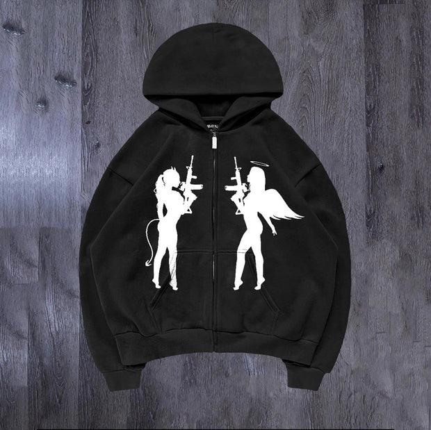 Street style loose angel demon print cardigan hoodie